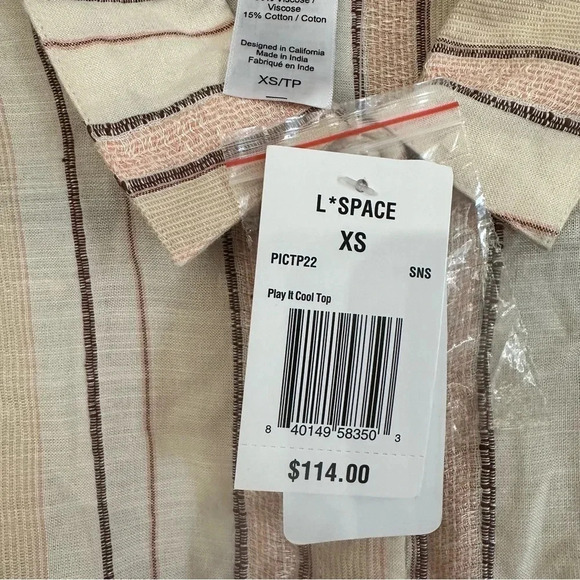 L Space Play It Cool Top Cropped Long Sleeve with tie Cream Striped Sz XS NWT - Picture 7 of 8